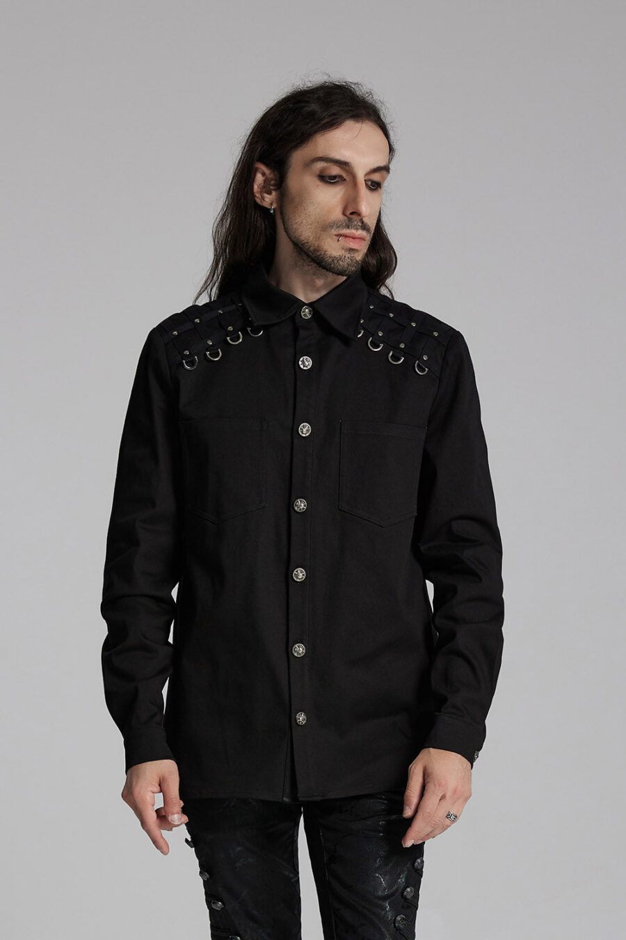 Studded Long Sleeve Skull Button Up Shirt