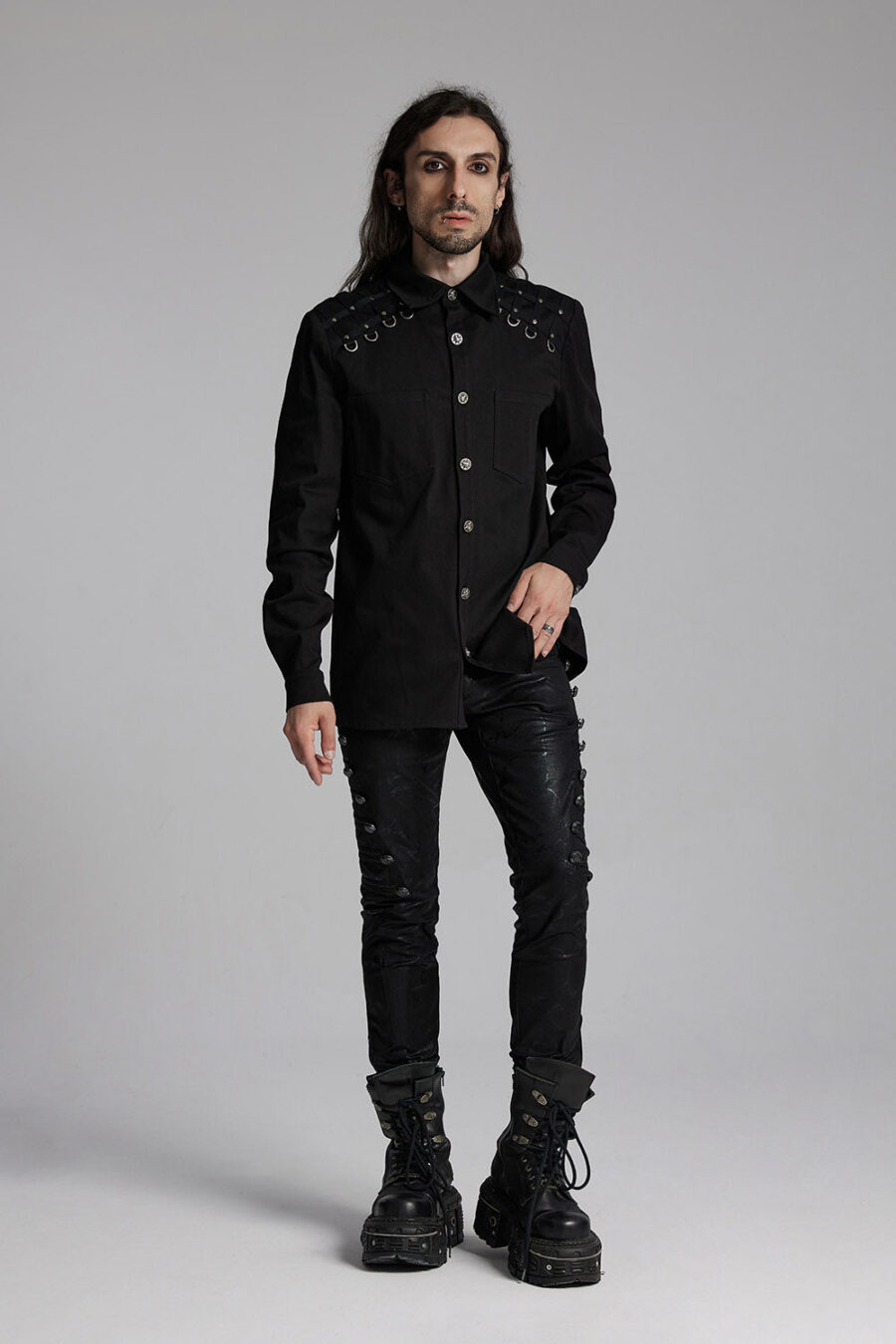 Studded Long Sleeve Skull Button Up Shirt